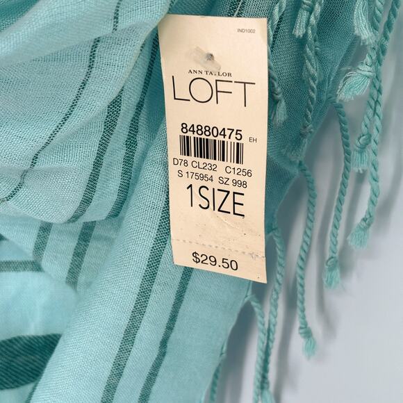 LOFT Teal Scarf Wrap NWT Lightweight Fringe 100% Viscose 23x70 Made in India - Picture 7 of 8